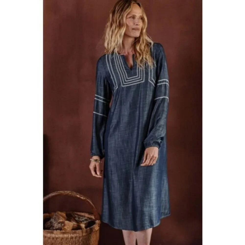 J. Jill Pure Jill Indigo 2X  Whipstitched Embroidered Dress Chambray Tencel Blue - Picture 10 of 11